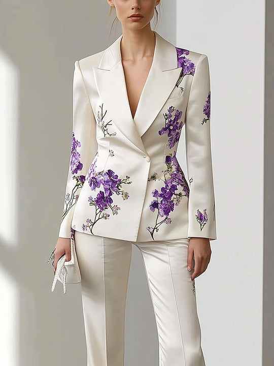 Purple Floral Satin Suit Ensemble