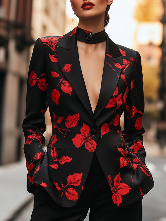 Leaf Pattern Satin Print Blazer