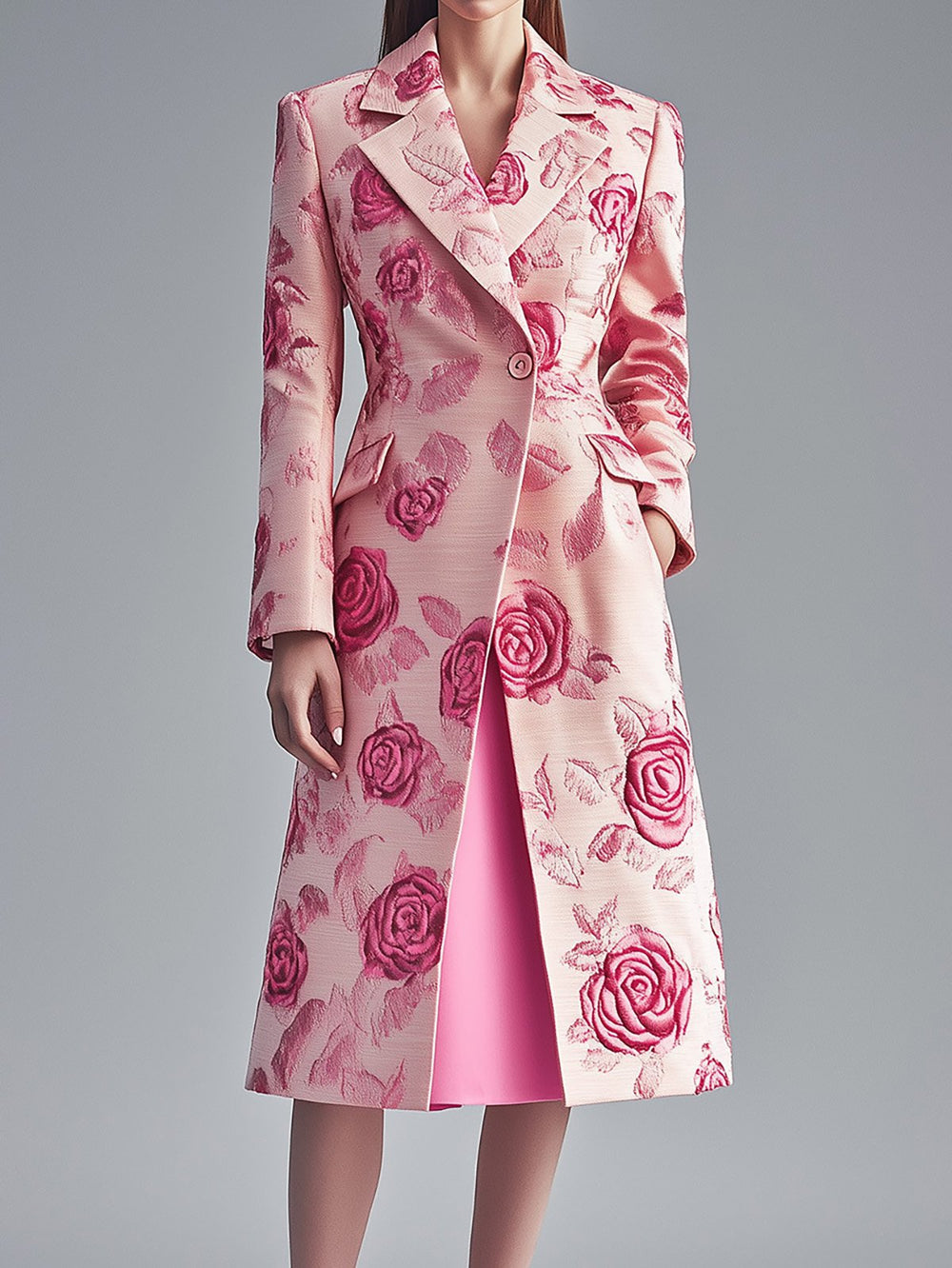 Romantic Rose Patterned Blush Satin Overcoat