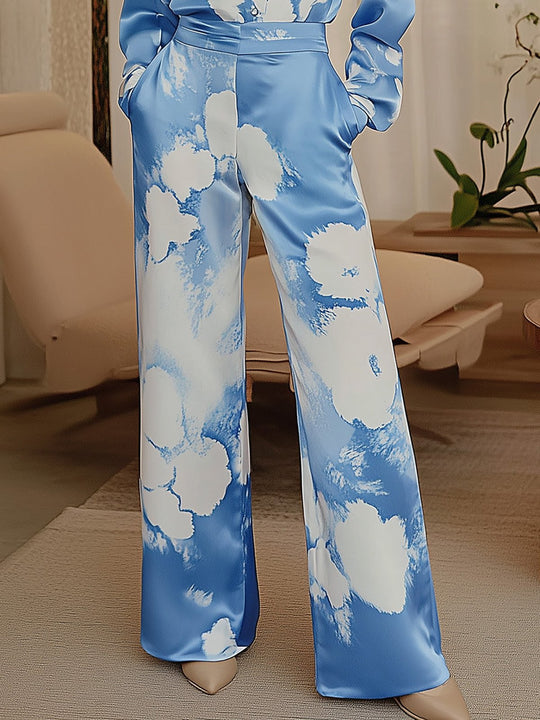 Elegant Sky Blue Satin Print Ensemble - Pants