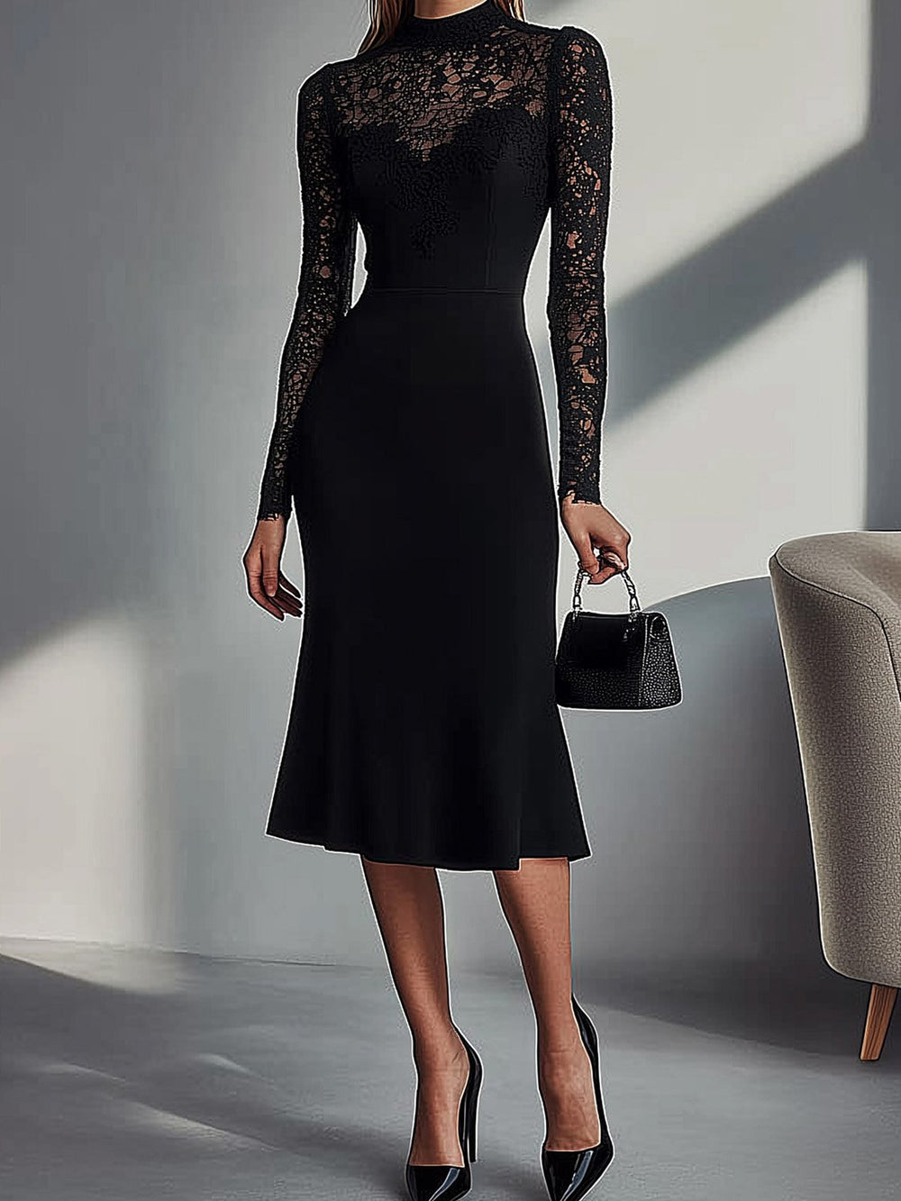 Classic Black Lace-Trimmed Sheath Dress