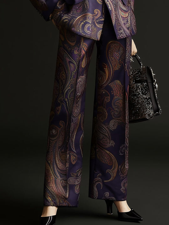 Regal Elegance Dark Paisley Satin Blazer Suit - Pants