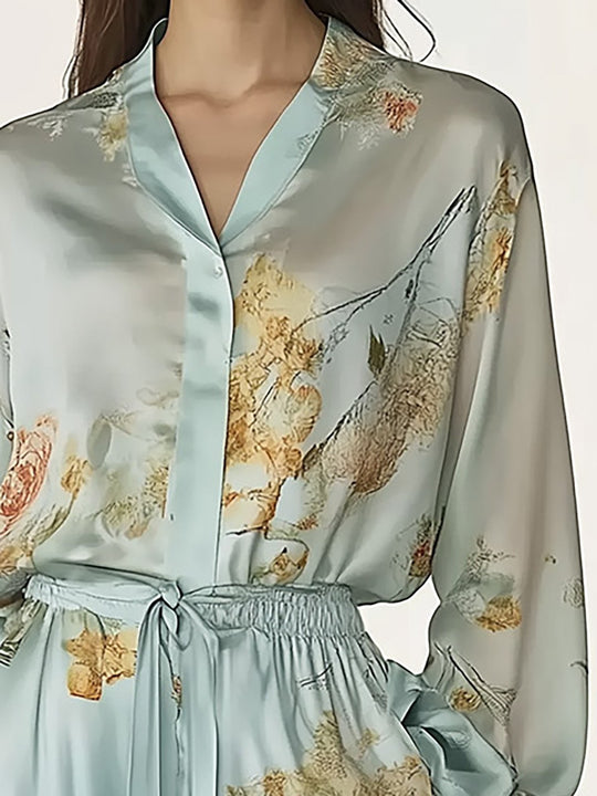 Sky Blue Satin Floral Relaxed Set - Shirt