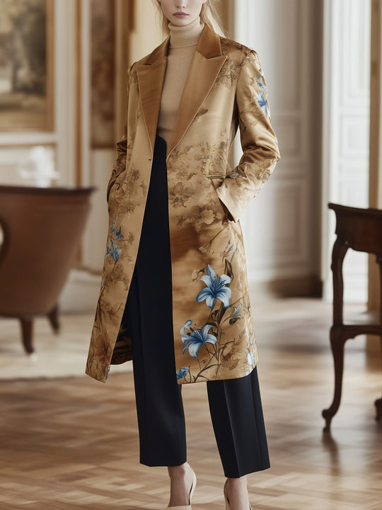 Timeless Satin Coat with Nature-Inspired Design