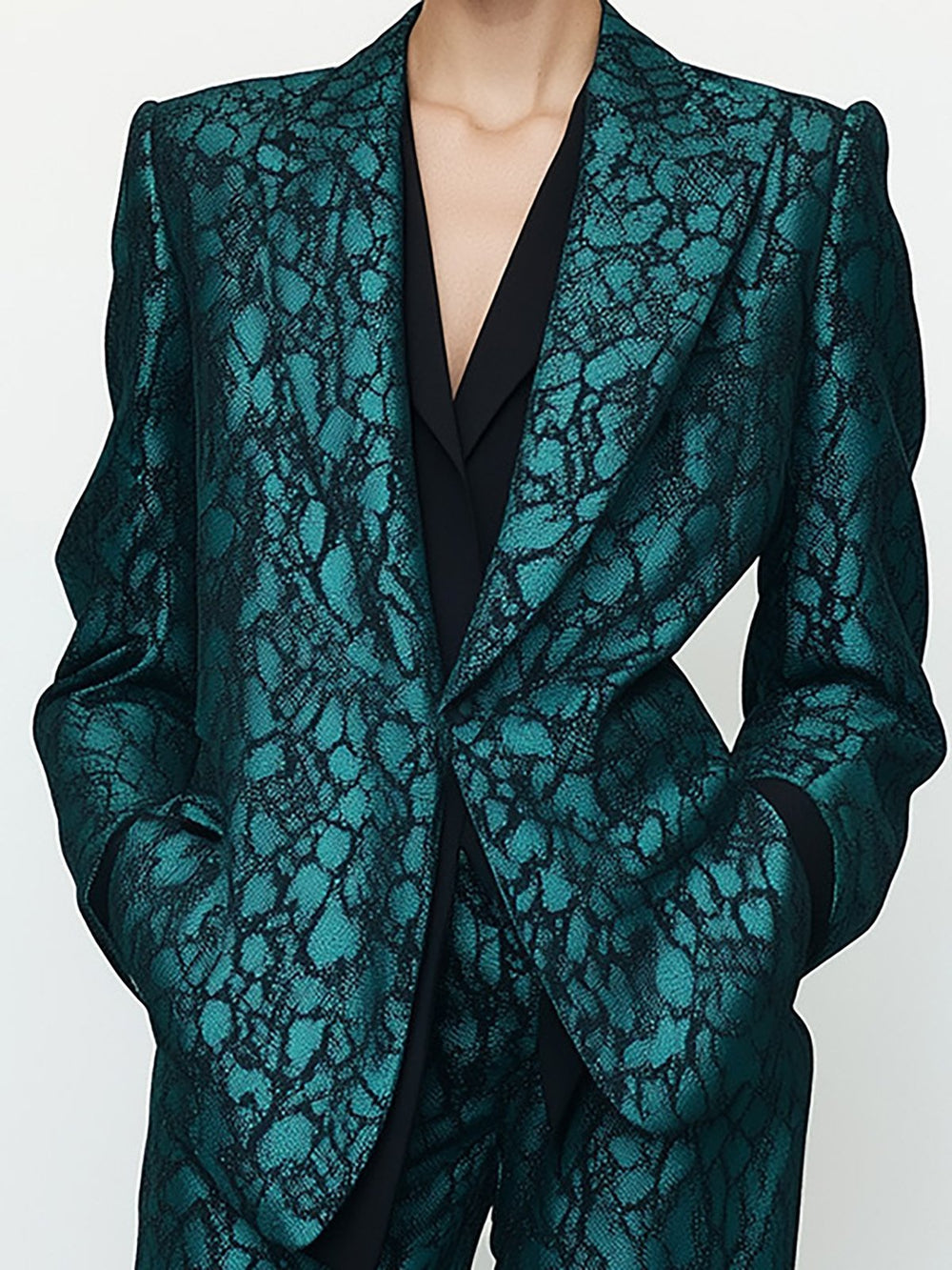 Chic Teal Patterned Suit Ensemble - Blazer