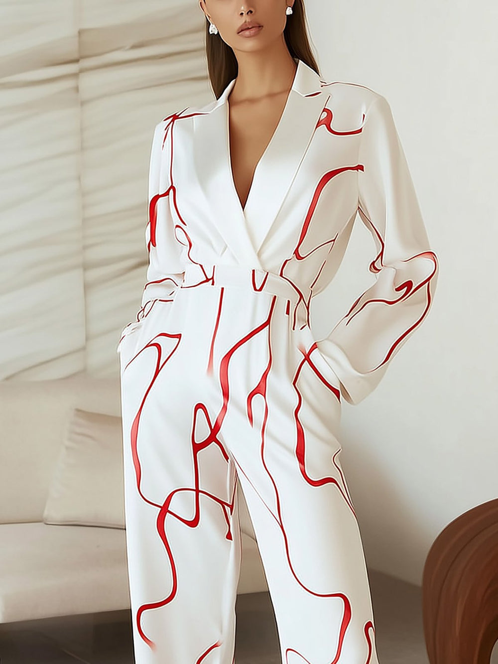 Chic White and Red Print Shirt Set