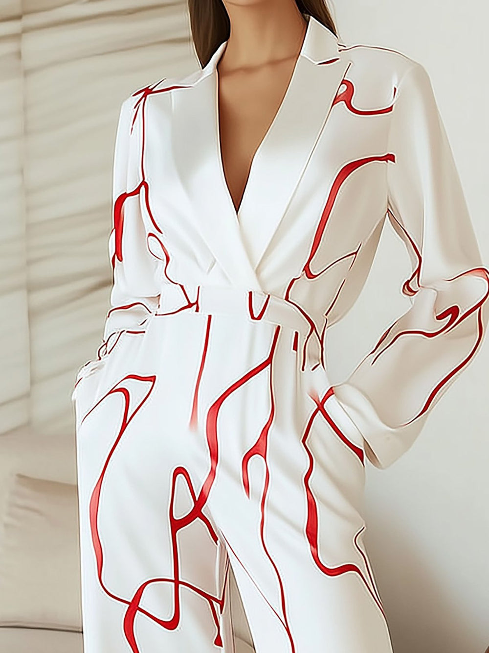 Chic White and Red Print Shirt Set- Shirt