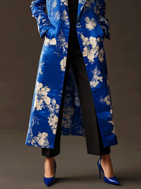 Cobalt Elegance Floral Satin Coat