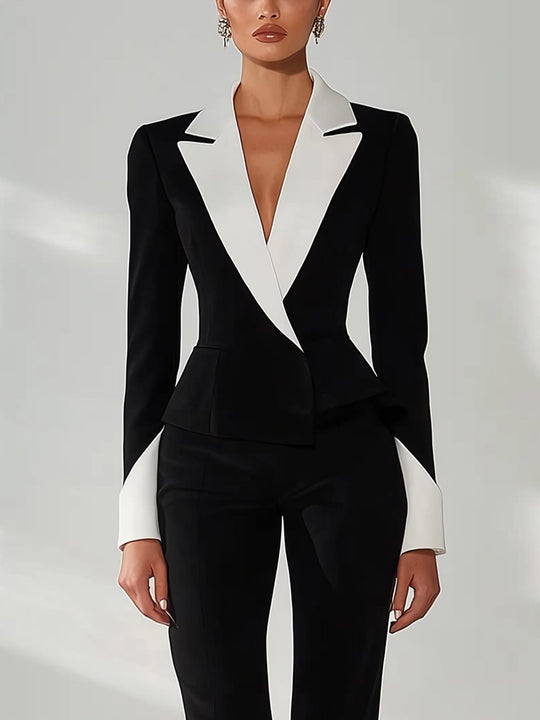 Elegant Black and White Suit with Satin Detailing