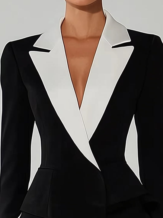 Elegant Black and White Suit with Satin Detailing