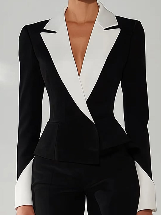 Elegant Black and White Suit with Satin Detailing