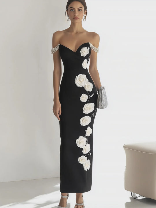 Chic Black Satin One side Rose Print Pearl Straps Dress