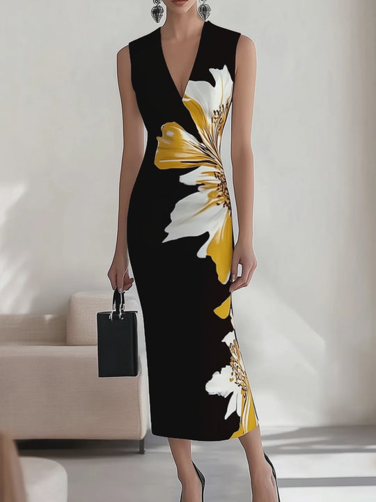 Navy Blue V-Neck Sleeveless Dress with Floral Print