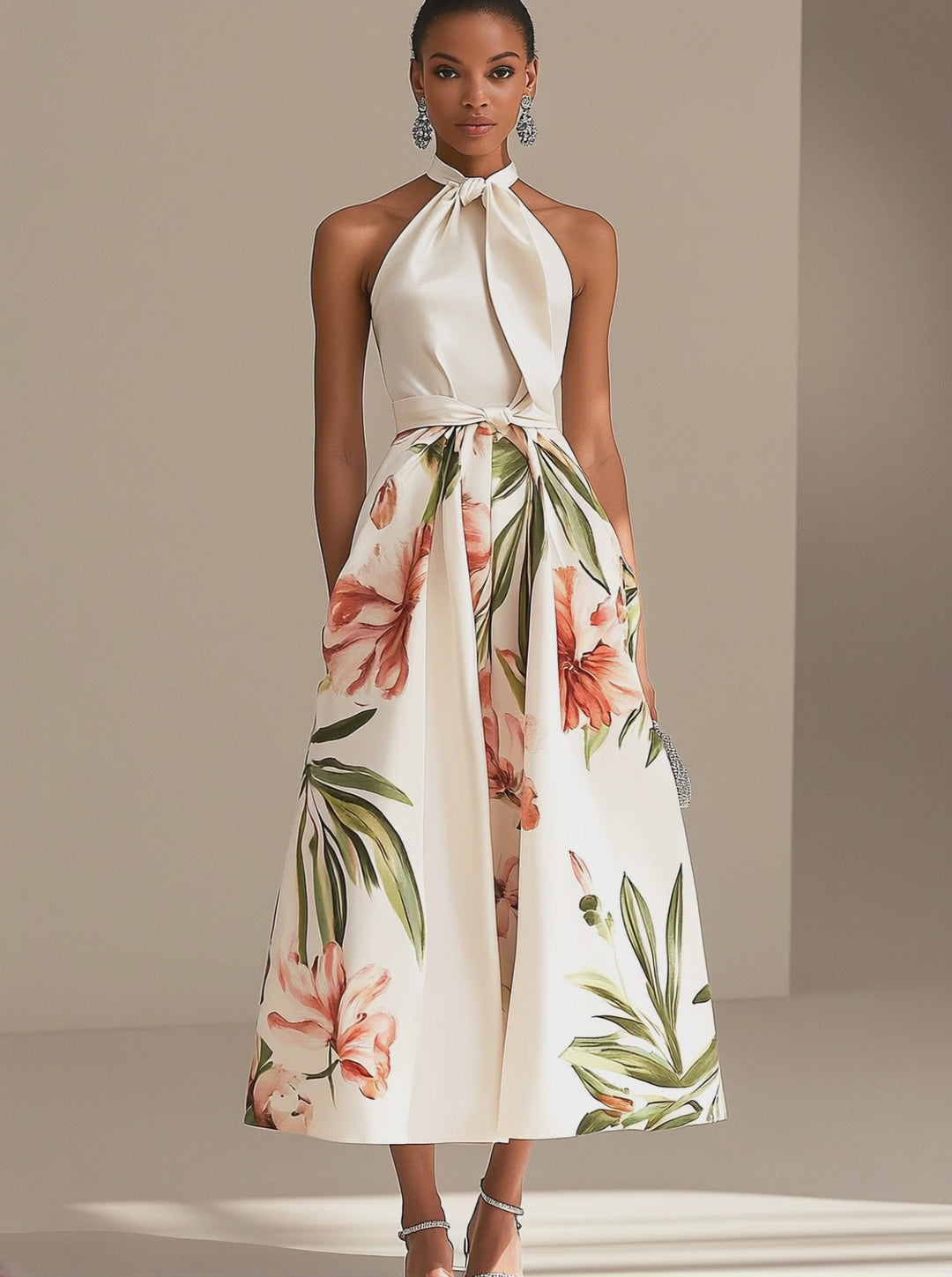 Chic Halter Neck Floral Midi Dress in Ivory Satin