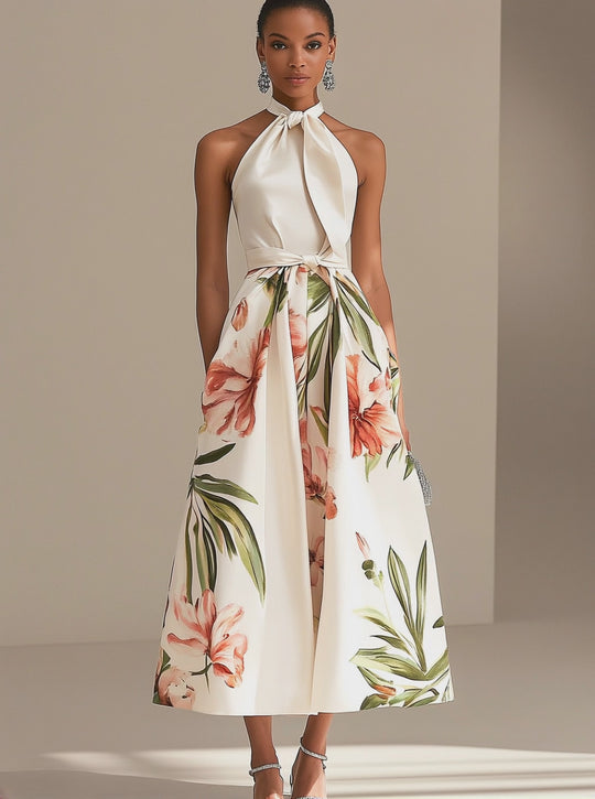 Chic Halter Neck Floral Midi Dress in Ivory Satin