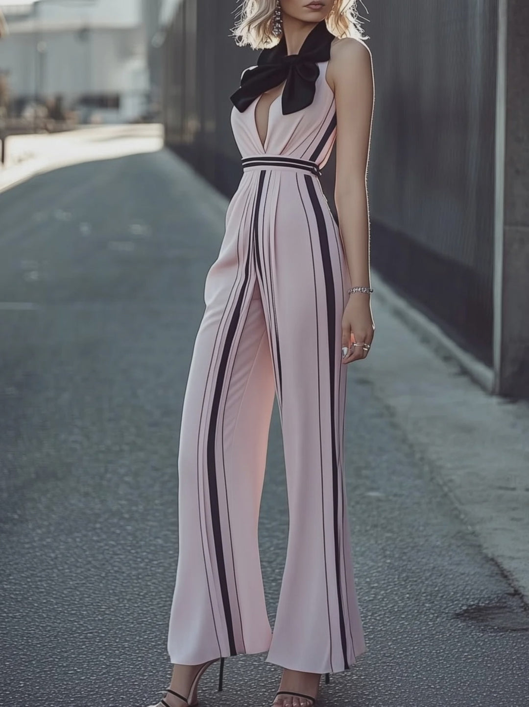 Black Bow Striped Jumpsuit