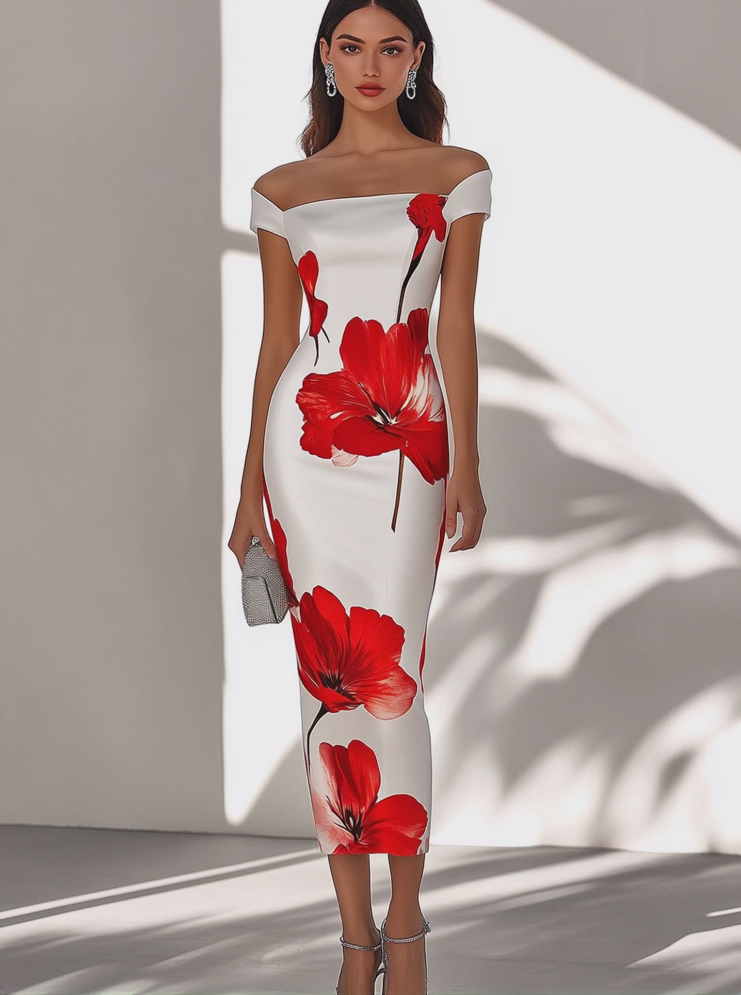 Elegant White Satin Dress with Red Floral Print