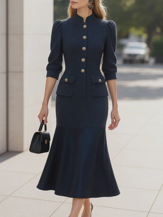 Stylish Navy Puff Sleeve Midi Dress