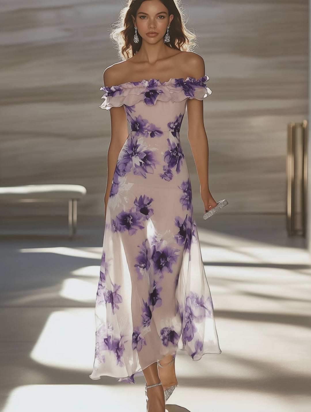 Elegant Off-the-Shoulder Chiffon Floral Dress