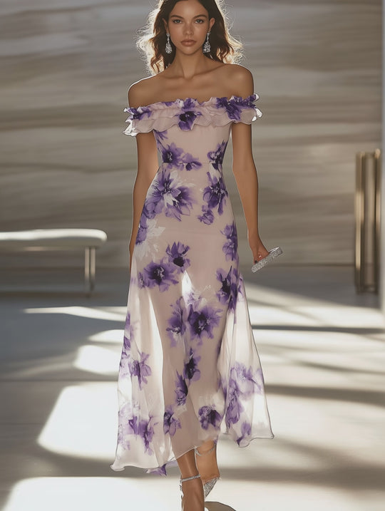 Elegant Off-the-Shoulder Chiffon Floral Dress