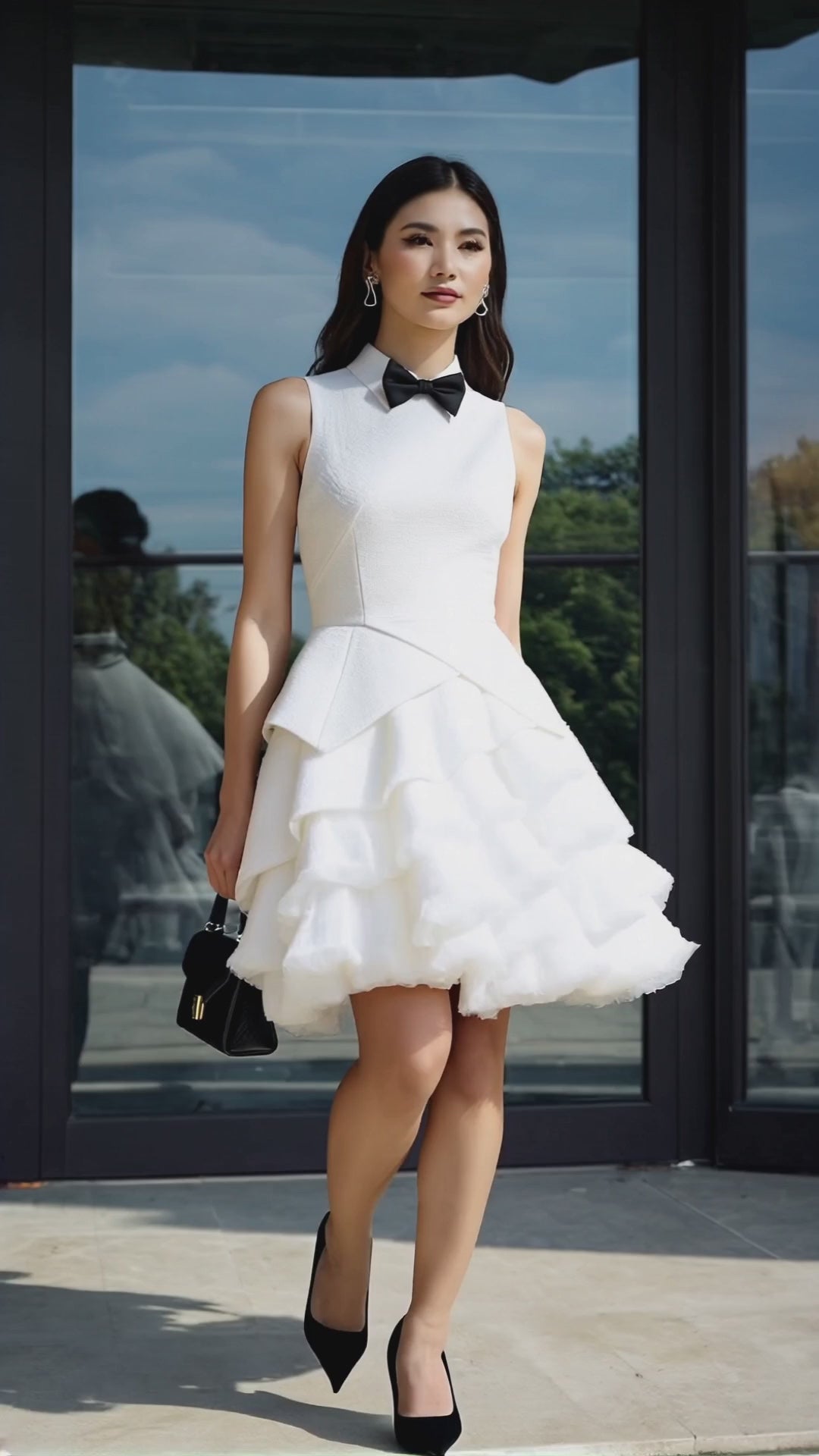 Elegant White Tiered Mini Dress With Bow Detail