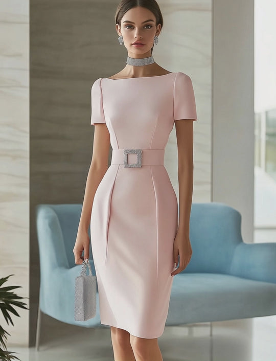 Glamorous Pale Pink Dress with Silver Belt and Necklace