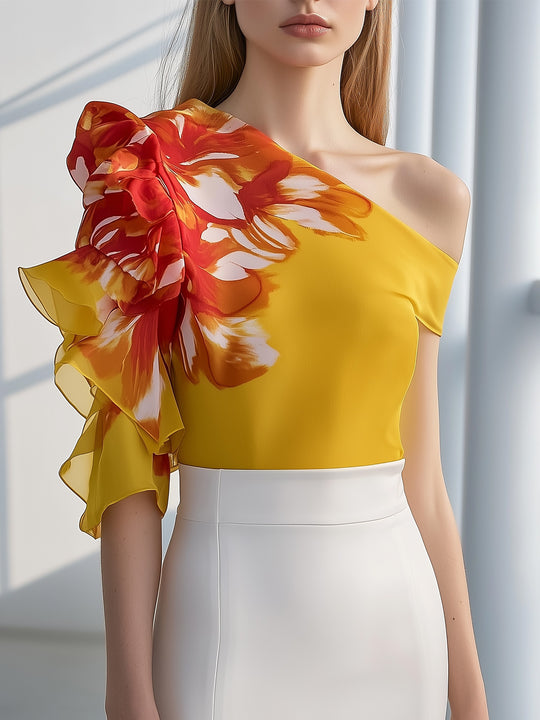 Yellow Single-Shoulder Top with Floral Print