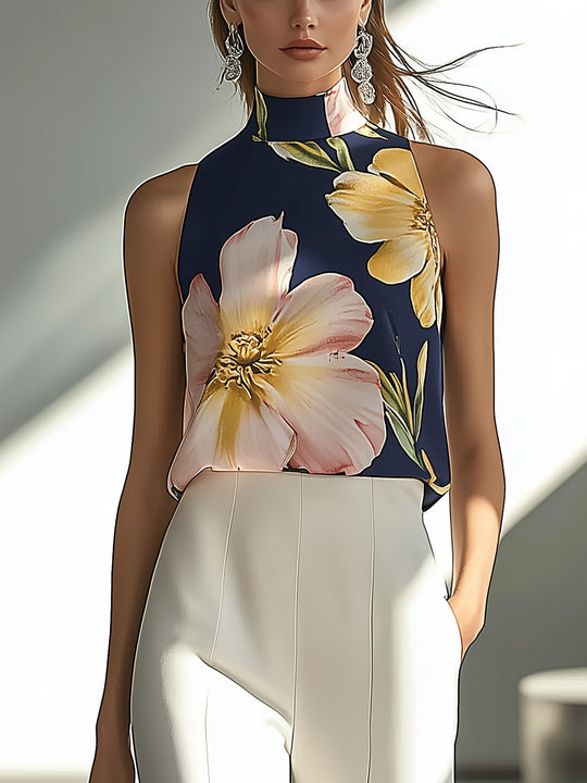 Navy Blue Satin Sleeveless Top with Floral Print