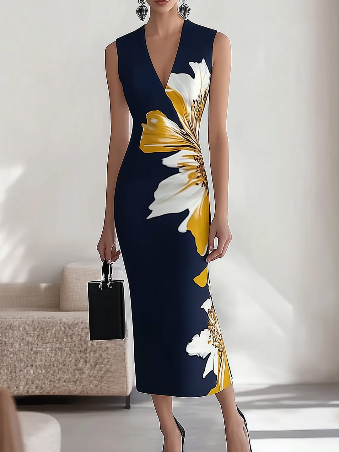Navy Blue V-Neck Sleeveless Dress with Floral Print