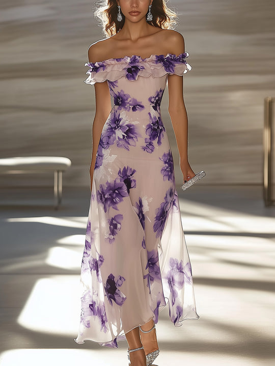 Elegant Off-the-Shoulder Chiffon Floral Dress
